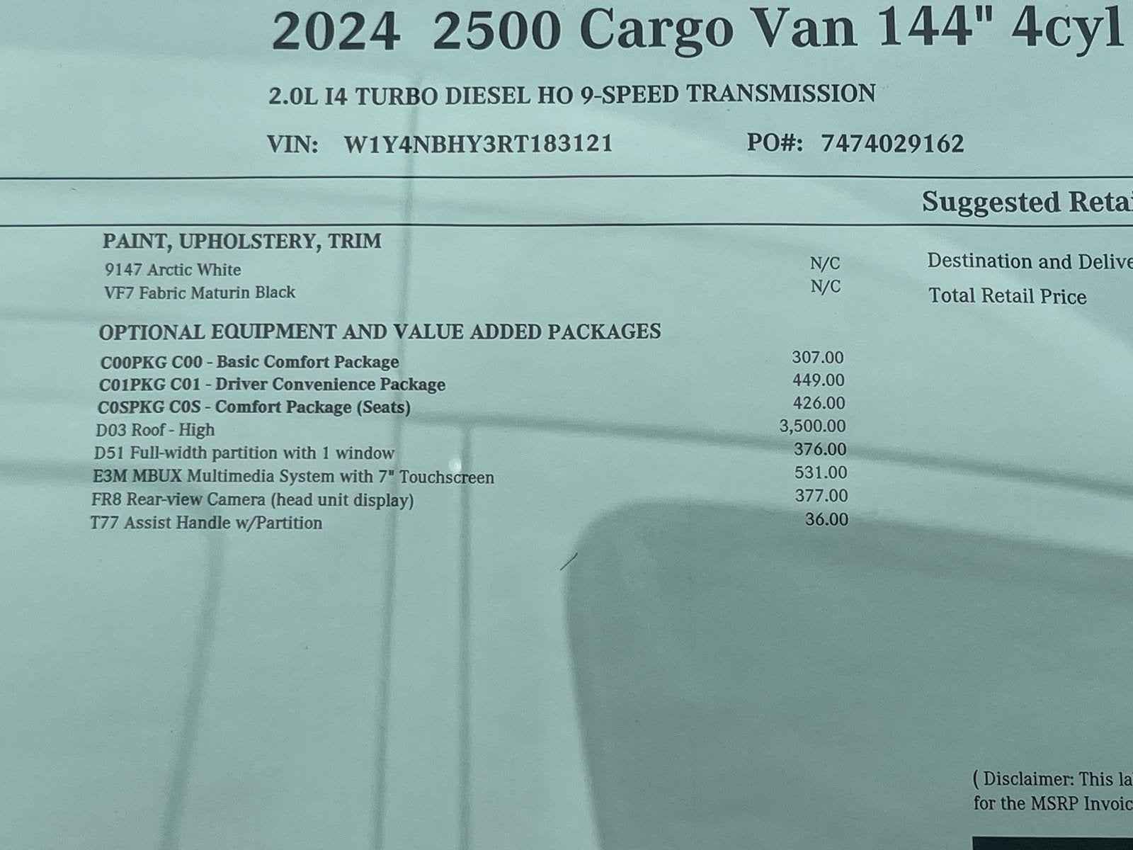 2024 Mercedes-Benz Sprinter Cargo Van 2500 Standard Roof I4 Diesel HO 144 RWD
