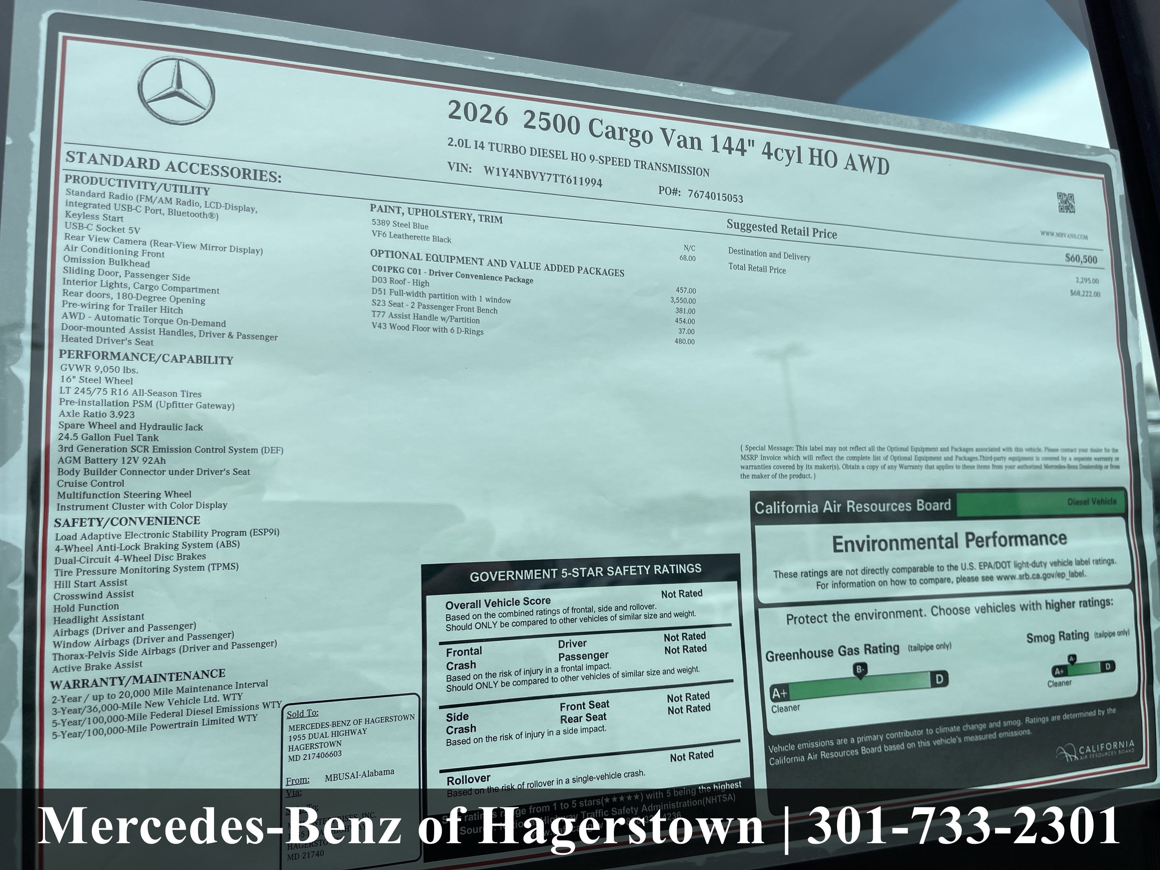 2026 Mercedes-Benz Sprinter Cargo Van 2500 Standard Roof I4 Diesel HO 144 AWD