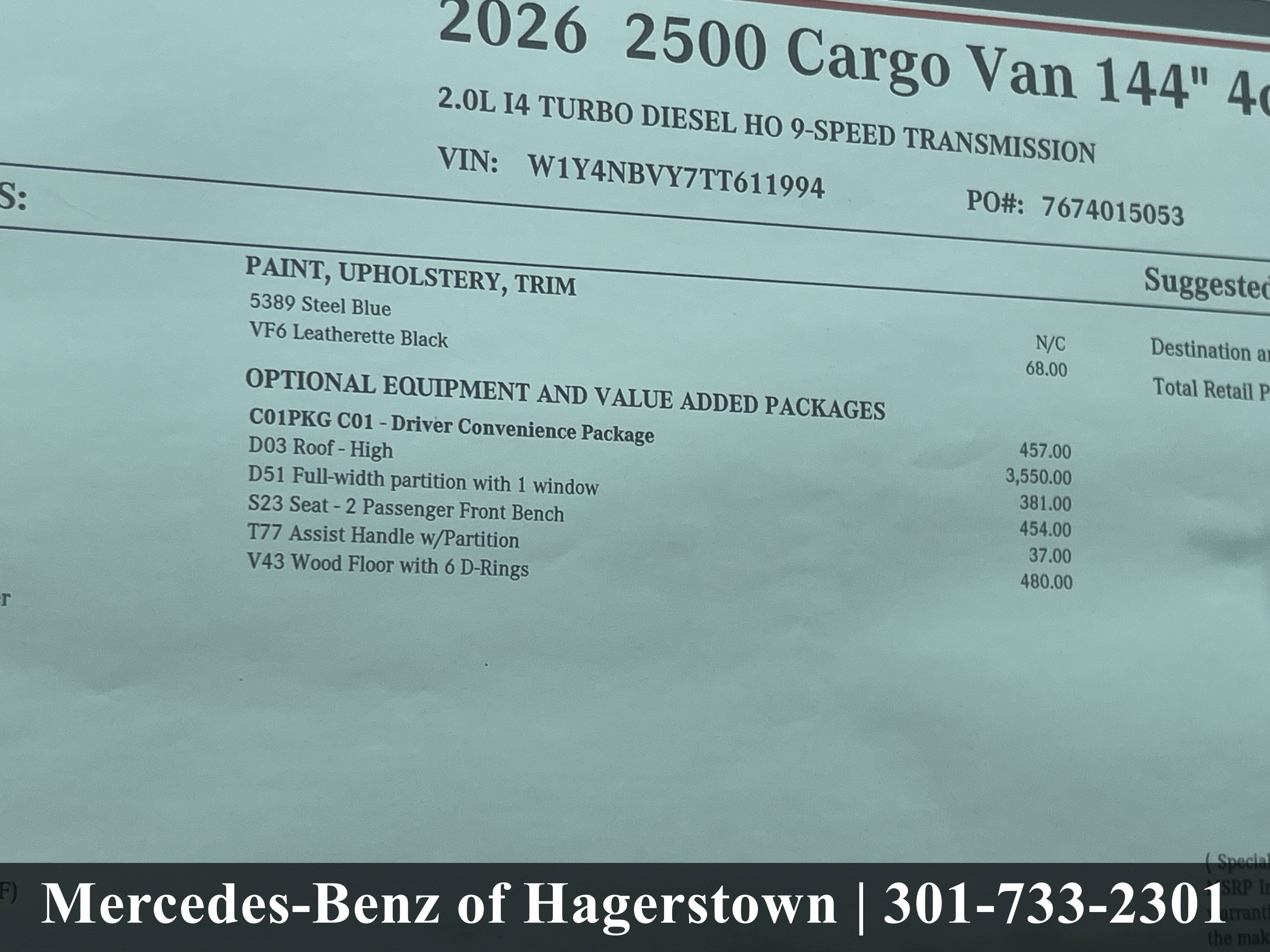 2026 Mercedes-Benz Sprinter Cargo Van 2500 Standard Roof I4 Diesel HO 144 AWD