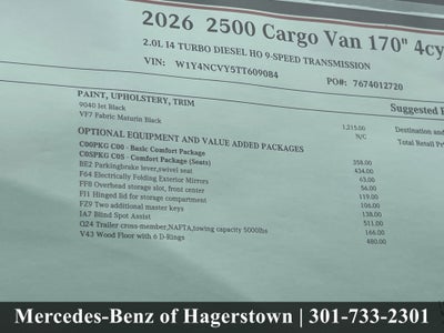 2026 Mercedes-Benz Sprinter Cargo Van 2500 High Roof I4 Diesel HO 170 AWD