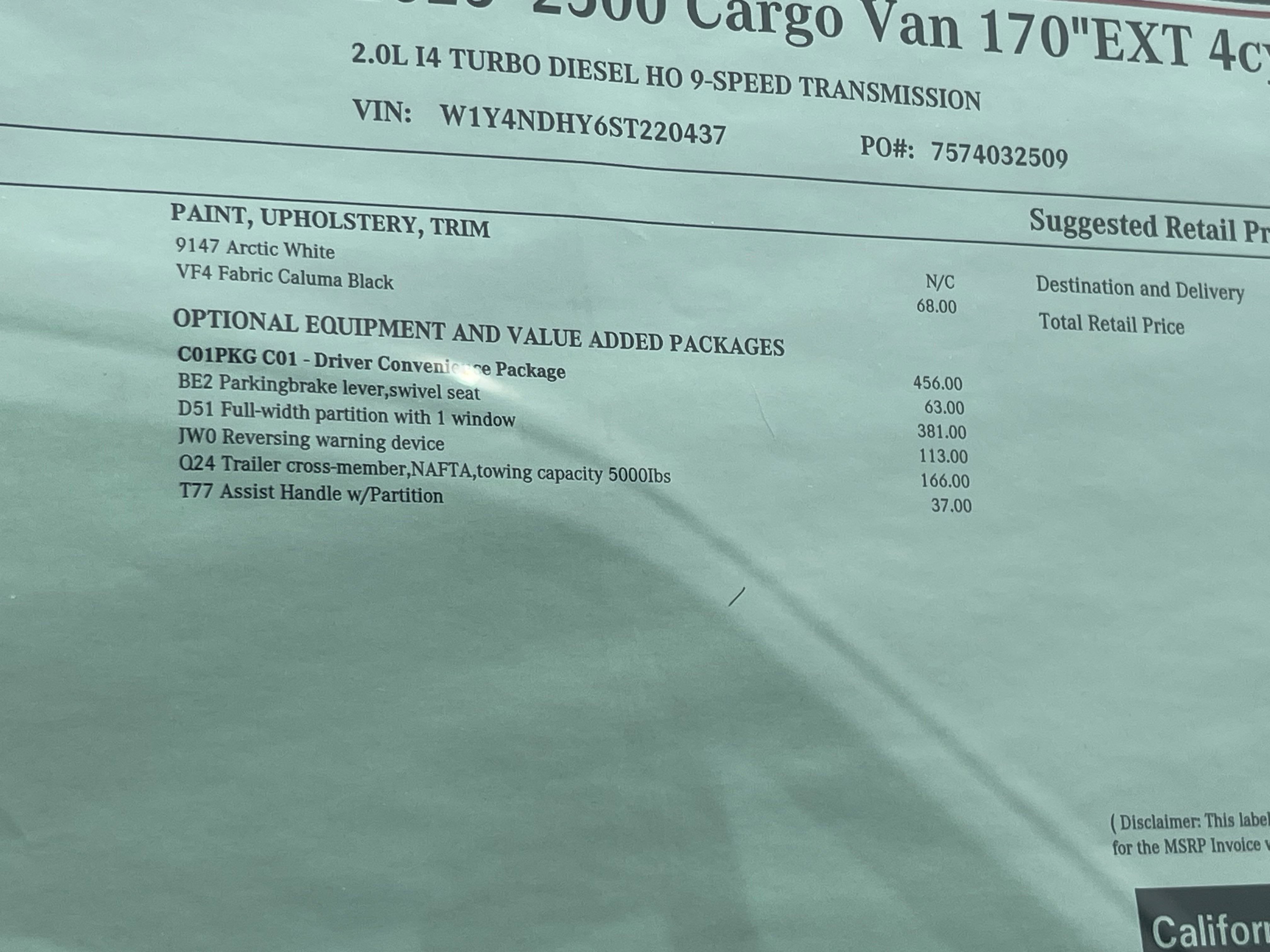 2025 Mercedes-Benz Sprinter Cargo Van 2500 High Roof I4 Diesel HO 170 Extended RWD