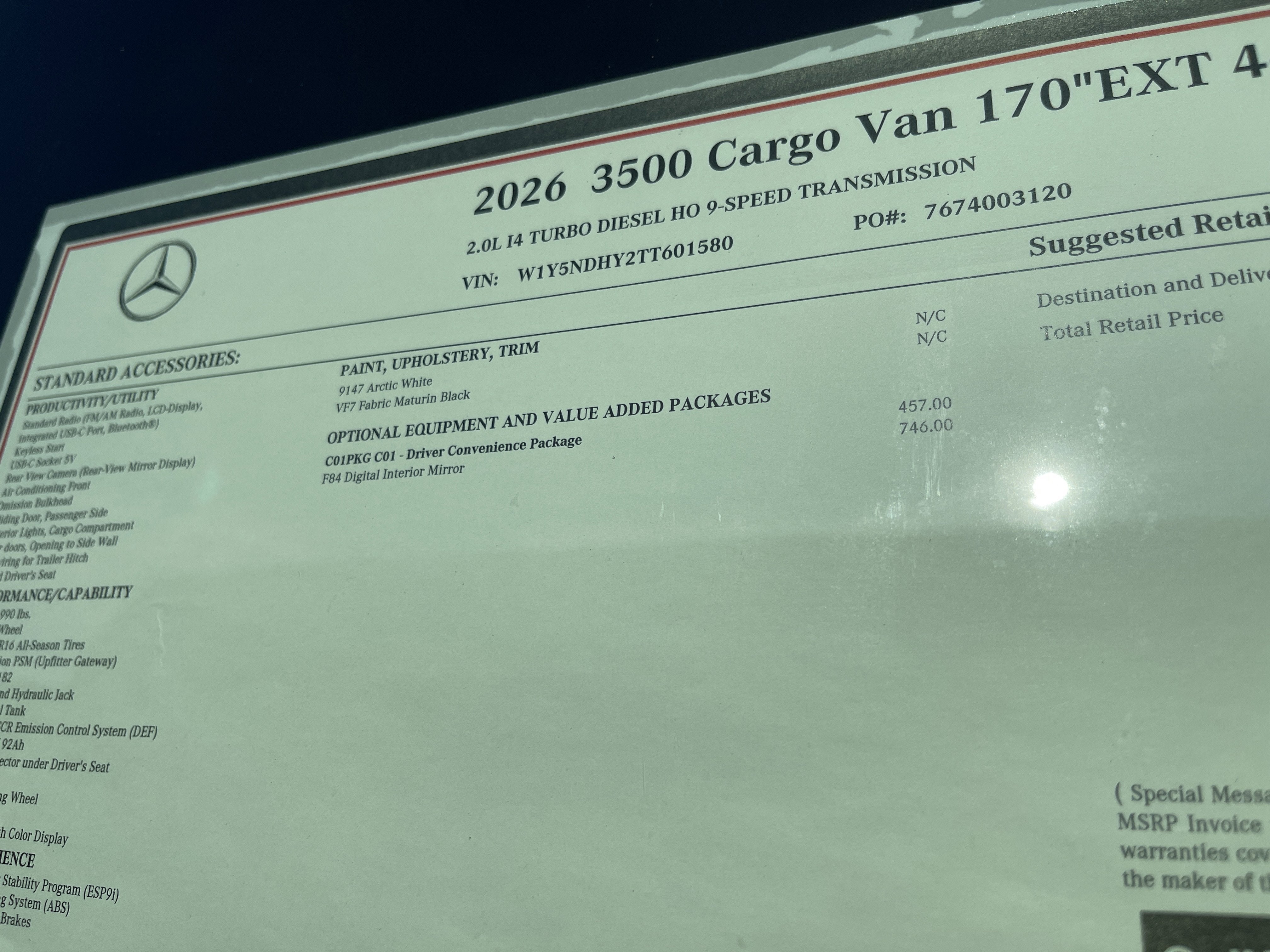 2026 Mercedes-Benz Sprinter Cargo Van 3500 High Roof I4 Diesel HO 170 Extended RWD